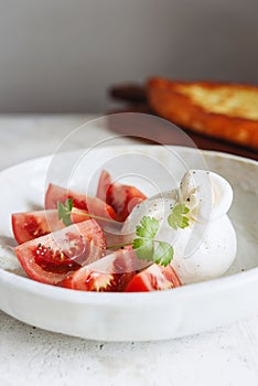 Italian burrata cheese with tomatoes and olive oil