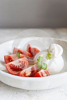 Italian burrata cheese with tomatoes and olive oil