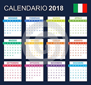 Italian Calendar for 2018. Scheduler, agenda or diary template. Week starts on Monday