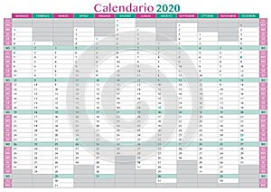 Italian calendar 2020 with vertical columns