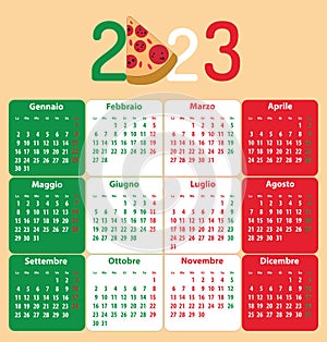 Italian calendar for 2023. Piece of pizza