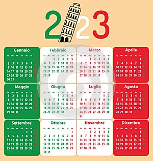 Italian calendar for 2023. Pisa leaning tower
