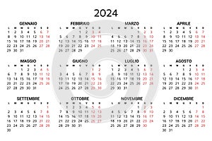 2024 italian calendar. Printable, editable vector illustration for Italy. 12 months year calendario photo