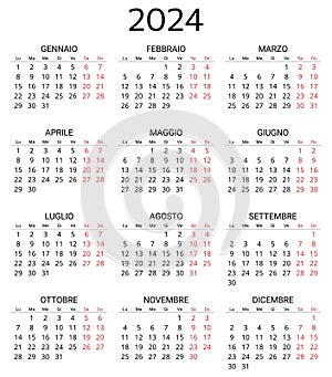 2024 italian calendar. Printable, editable vector illustration for Italy. 12 months year calendario photo