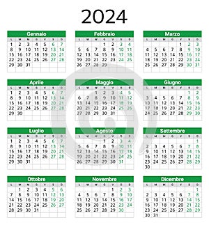 ITALIAN calendar for 2024. Printable, editable vector illustration for Italy. Vertical, in green color photo