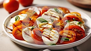 Italian Caprese salad with sliced tomatoes, mozzarella cheese, basil, olive oil on light background. Vegetarian food Generative AI