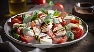 Italian Caprese salad with sliced tomatoes, mozzarella cheese, basil, olive oil on light background. Vegetarian food Generative AI