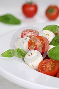 Italian Caprese salad with tomatoes and mozzarella cheese on a p