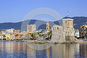 Italian castles on sea italian flag - castle of Rapallo , Liguria Genoa Tigullio gulf near Portofino Italy . photo