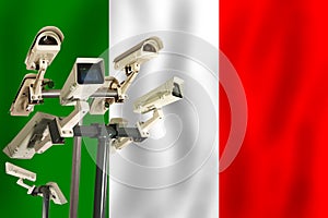 Italian CCTV camera on the flag of Italia Surveillance, security, control and totalitarianism concept