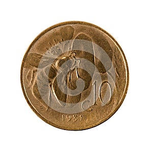 10 italian centesimi coin 1931 obverse isolated on white background photo