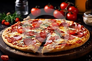 italian cheese food baked pizza tomato space food fast meal background copy black. Generative AI.