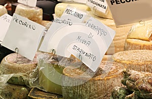Italian cheese for sale with labels pecorino means cheese with s photo