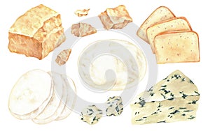 Italian cheese set. Mozzarella, blue cheese, gorgonzola, parmesan, grano padano. Watercolor illustration. Hand-drawn