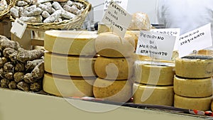 italian cheese with text PECORINO that means cheese made with mi