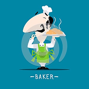 Italian chef baker with a freshly baked croissant on his tray cartoon style