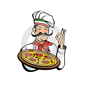 Italian chef holding a delicious pizza. Vector emblem.