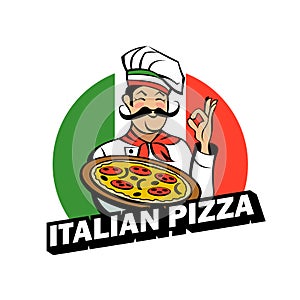 Italian chef holding a delicious pizza. Vector emblem.