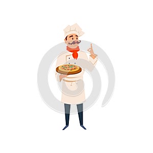 Italian chef holding wooden board with traditional pizza. Cartoon man character in kitchen uniform, hat, red scarf