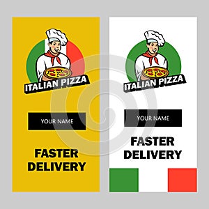 Italian chef. Pizza maker prepares a pizza. Vector logo.