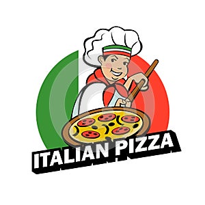 Italian chef. Pizza maker prepares a pizza. Vector logo.