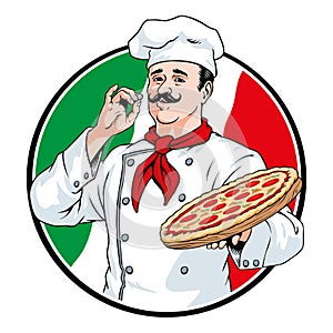 Italian chef with a pizza, pizzaiolo vector illustration