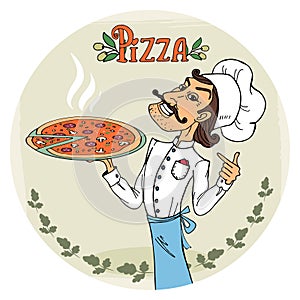 Italian chef with a steaming hot pizza