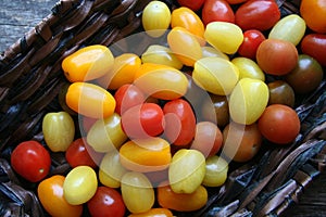 Italian Cherry Tomato Harvest in Basket, Fruits, flavours of Italia, Cuisine, Food Ingredients Rustic Garden aesthetic