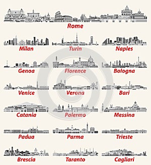 Italian cities skylines in black and white color palette. Vector high detailed illustration