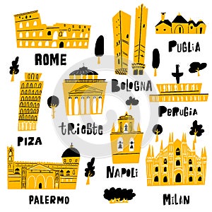 Italian city architecture and main tourist attractions. Vector illustration in doodle style.