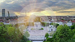 Italian city Milano in south region Lombardia aerial view from drone majestic Arco della pace central historical arch