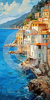 Italian Coast Painting By Daniel Liatto - Vibrant Colors And Elaborate Facades