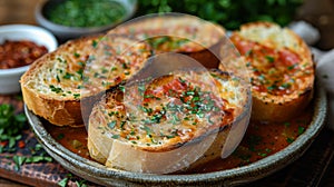 italian comfort food, delicious garlic bread slices baked to perfection, ideal for dipping into a bowl of hot lasagna