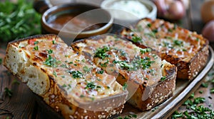 italian comfort food, delicious garlic bread toasts, ideal for dipping in a bowl of hot lasagna soup, creating a warm