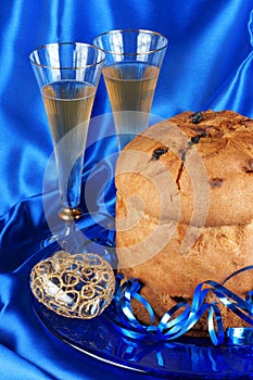 Italian composition with panettone and spumante