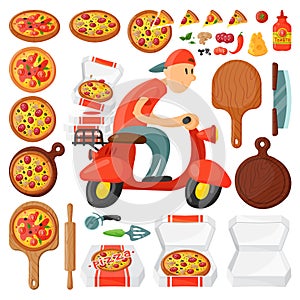 Italian cook pizza delivery boy pizzeria cartoon courier on motorbike and deliver dinner icon food box fast party meal