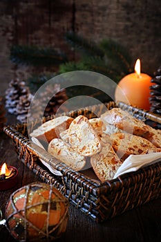 Italian cookies: almond and candied orange cantuccini biscotti,  New Year decoration