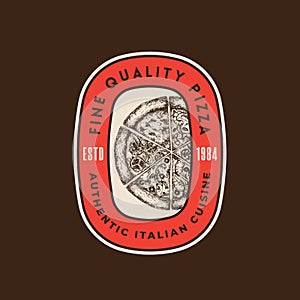 Italian Cuisine Abstract Vector Sign Logo Template. Hand Drawn Sketch Pizza with Retro Typography. Traditional