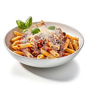 Italian cuisine with this delectable penne dish, elegantly isolated against a pristine white background.
