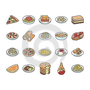 italian cuisine food pasta icons set vector