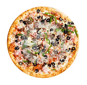 Italian cuisine. Fresh tasty pizza. Salami, mushrooms, paprika, ham, olives pizza isolated on white background