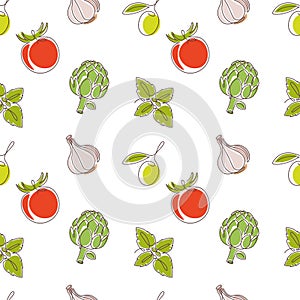 Italian cuisine ingredients seamless pattern - tomato, basil, olive, garlic, artichoke. Food seamless vector pattern