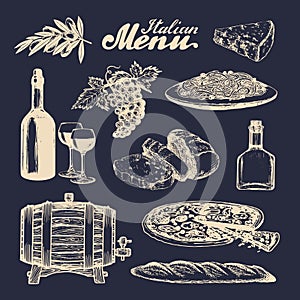 Italian cuisine menu. Hand sketched traditional southern europe food signs. Vector set of mediterranean meal elements.