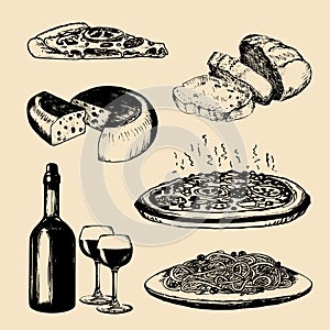Italian cuisine menu. Hand sketched traditional southern europe food signs. Vector set of mediterranean meal elements.