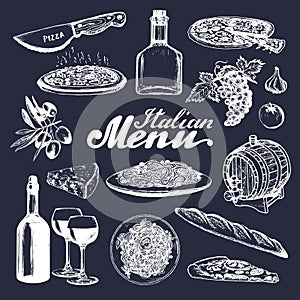 Italian cuisine menu.Sketched traditional southern europe food and drink signs.Vector set of mediterranean meal elements