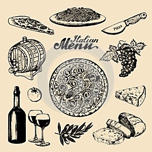 Italian cuisine menu.Sketched traditional southern europe food and drink signs.Vector set of mediterranean meal elements