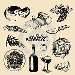 Italian cuisine menu.Sketched traditional southern europe food and drink signs.Vector set of mediterranean meal elements