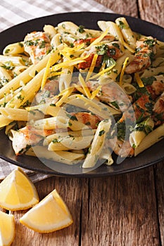 Italian cuisine: pasta with chicken, fresh herbs and lemon sauce