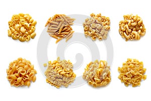 Italian cuisine. Pasta collection, different  types of pasta on white: spaghetti, macaroni, cannelloni, fettuccine, fusilli, farfa