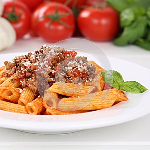 Italian cuisine Penne Rigate Bolognese sauce noodles pasta meal photo